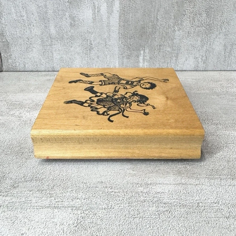 Vintage 1997 Wood Mounted Rubber Stamp German Folk Art Dancing Children Boy Girl